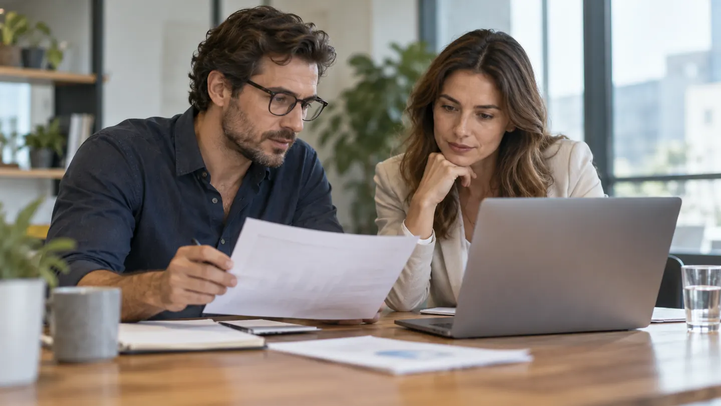 Two colleagues comparing a paper document with information on a laptop