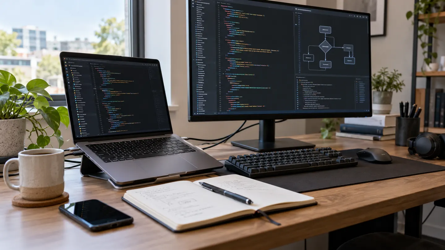Laptop and monitor at a developer workstation with a notebook beside the keyboard