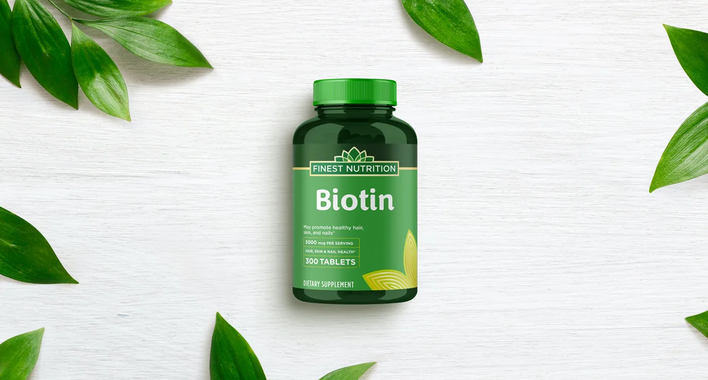 Green Finest Nutrition Biotin bottle on a white background