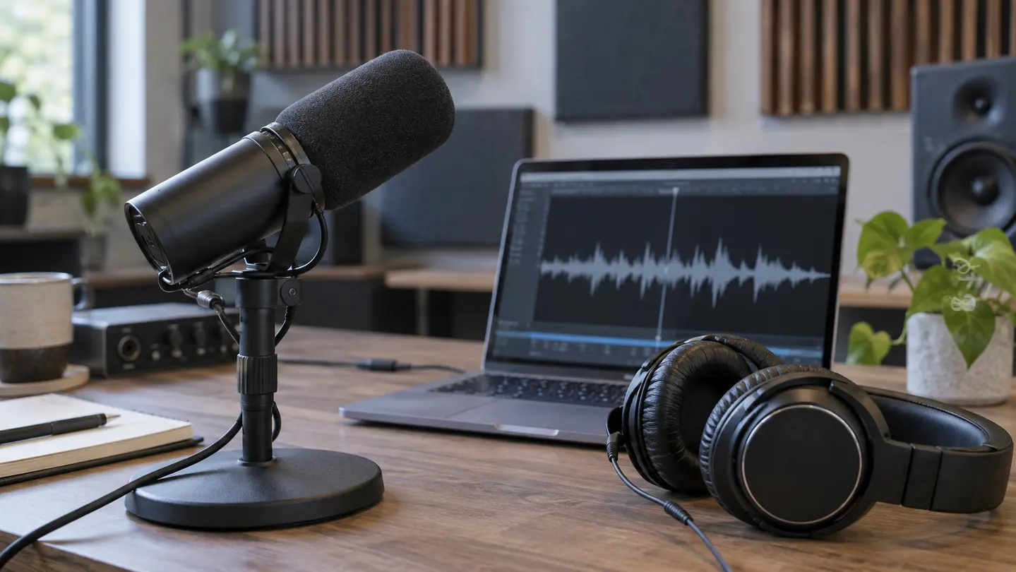 Desktop microphone, headphones and a laptop displaying an audio waveform