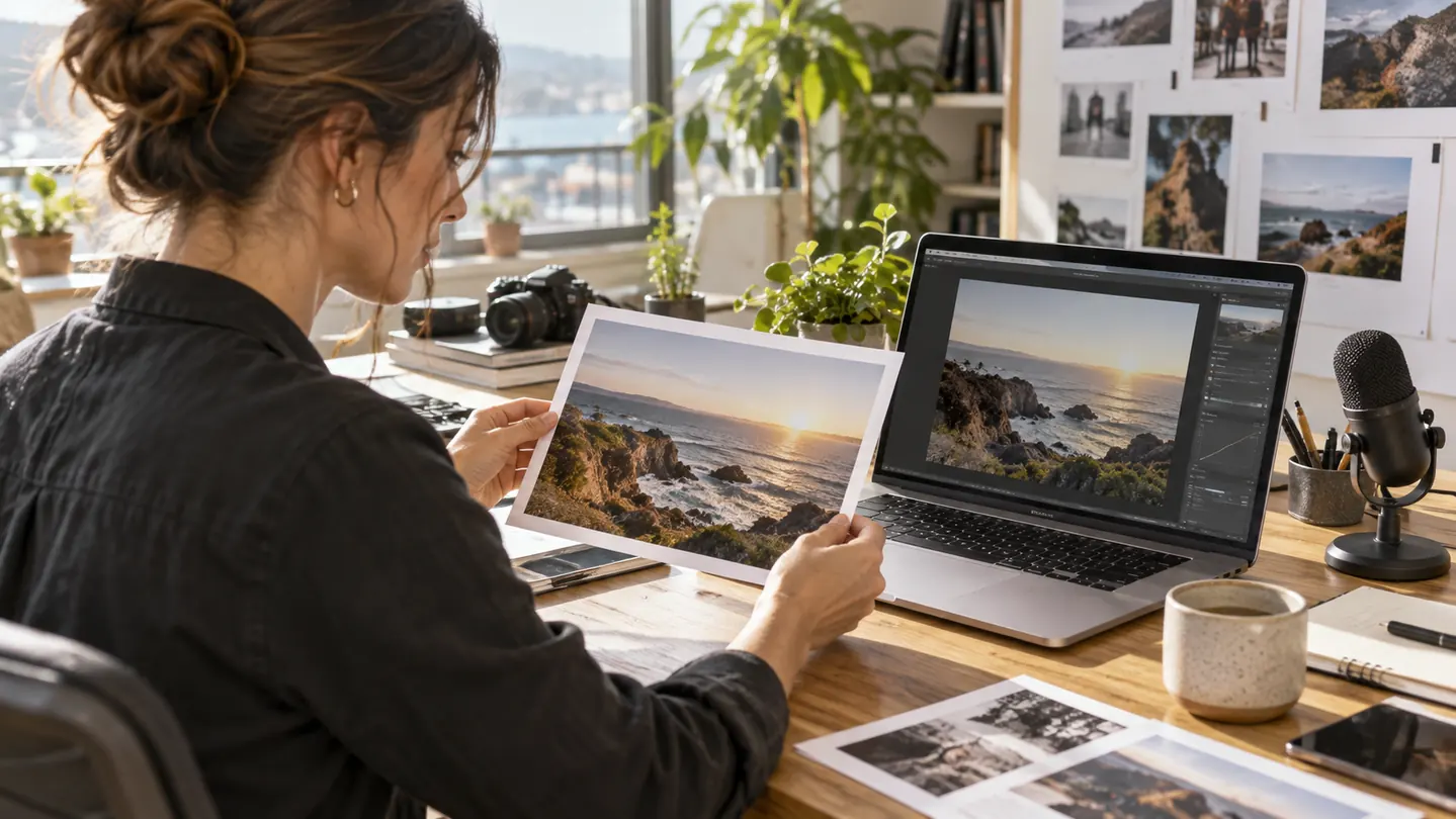 A digital editor comparing a printed photograph with a laptop screen beside a microphone