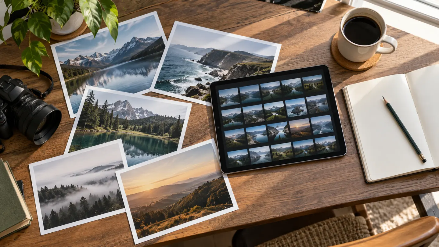Printed landscape photographs and a tablet arranged on an editor's desk